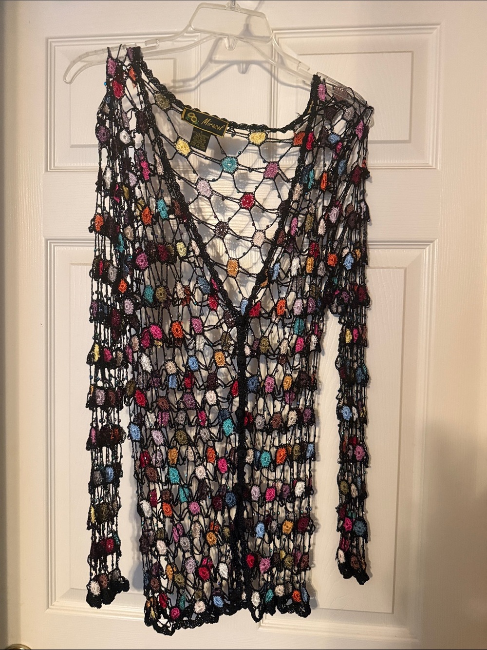 Beaded Open-Knit Multicolor Women's Sweater - Black Overlay